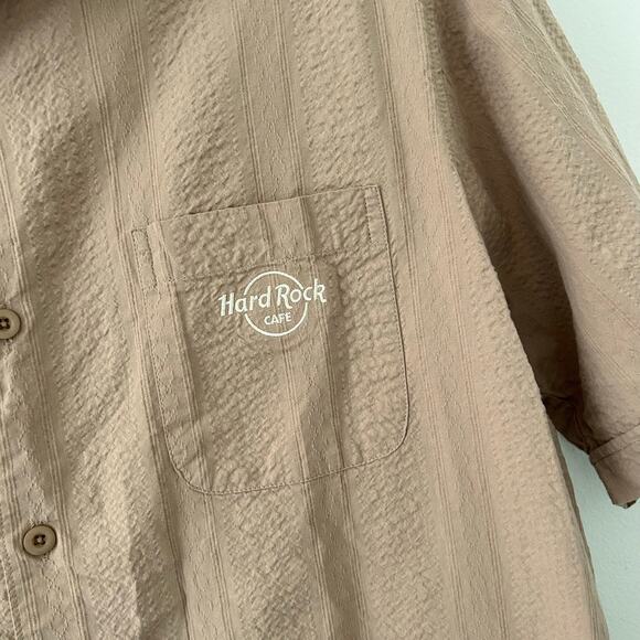 5/$25 Hard Rock Cafe Men's New York Button Up Textured Khaki Camp Shirt L Large - Picture 2 of 7